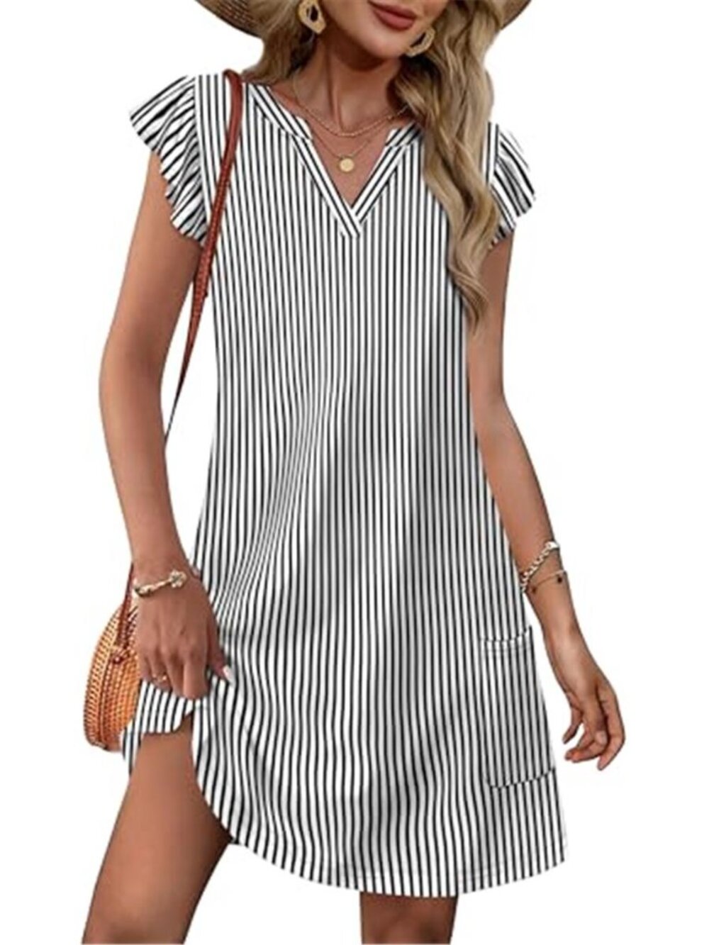 OFEEFAN Black White Striped V-Neck Shift Dress Ruffle Sleeve Pockets